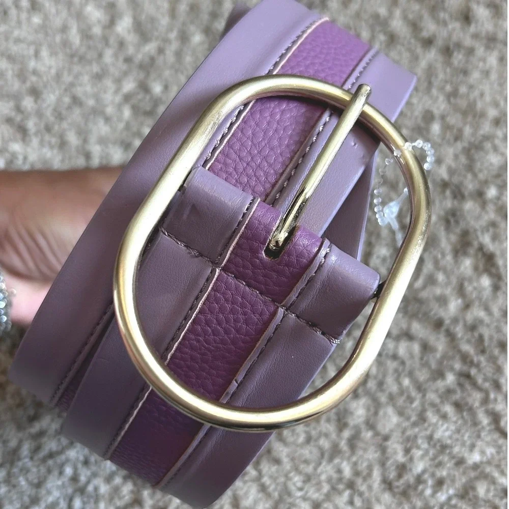 Boho Dopamine Lavender Faux Leather Wide Waist Belt Gold Oval Buckle Purple